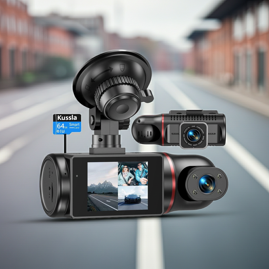 Dash Cam Front and Rear inside 3 Channel Dashcam for Cars 1080P with 64GB Card Adjustable Lens 3 Ways Triple Camera with Night Vision, G-Sensor, Loop Recording, Parking Monitor