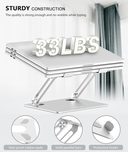 Laptop Stand, Adjustable Multi-Angle Laptop Holder, Compatible for Laptops up to 17 Inches, Sturdy Aluminum & Silicone, Silver